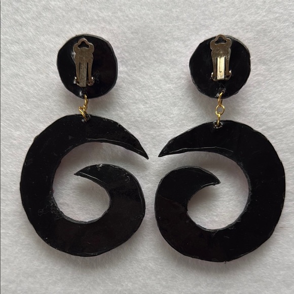 Vintage Patent Leather Rhinestone Multicolor Statement Clip on Dangle Earrings - Picture 4 of 6